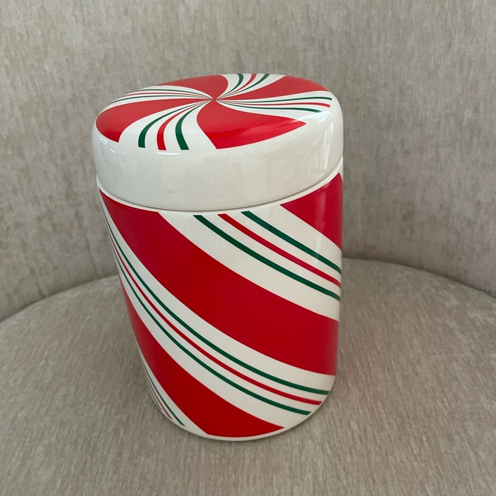 Vintage Teleflora Christmas Candy Stripe Ceramic Flower Candy Cookie Container